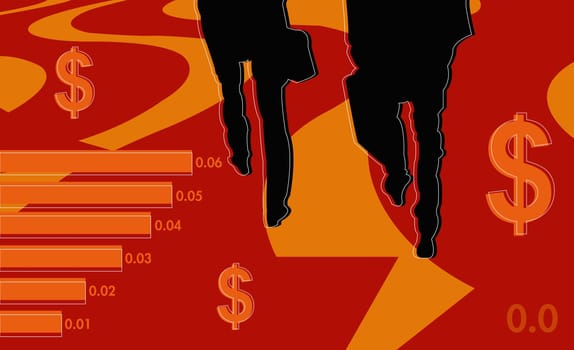 Two businessmen with a bar graph and dollar signs