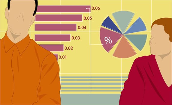 Businessman and businesswoman with graphs