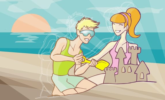 Couple making a sand castle