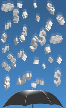 Dollar signs in mid-air over an umbrella
