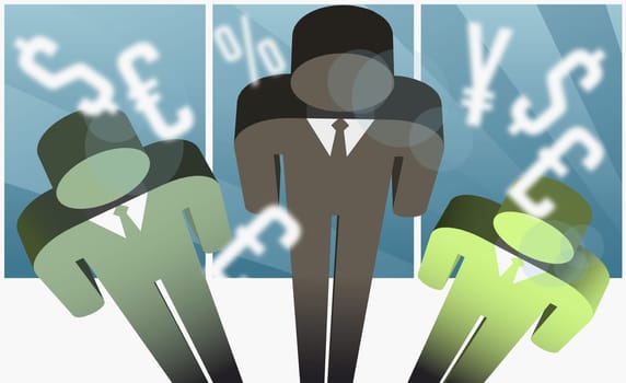 Three businessmen in front of currency symbols