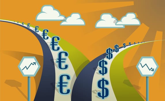 Euro sings and pound signs on roads
