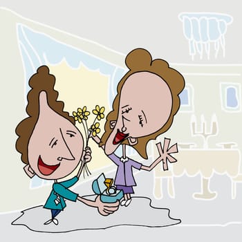Man giving flowers and a diamond ring to a woman