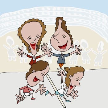 Two men running on a track with two women cheering them