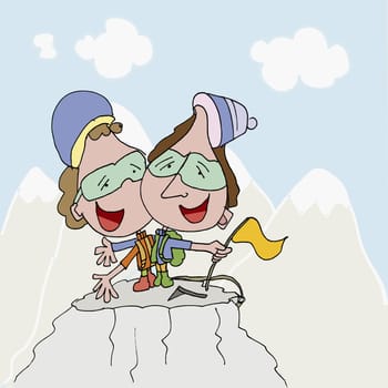 Two mountaineers standing on a mountain peak