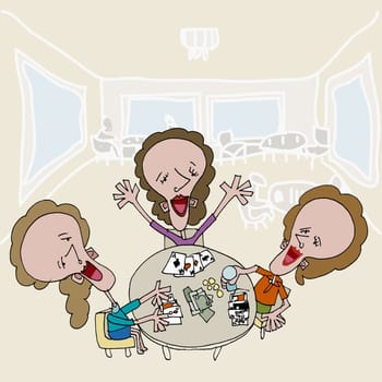 Three women gambling with playing cards