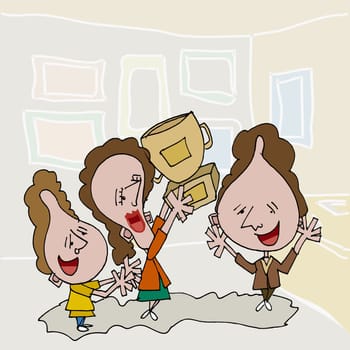 Businesswoman with colleagues holding a trophy