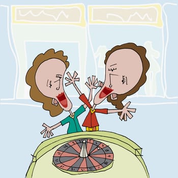 Two women standing near a roulette wheel