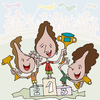 Three women holding trophies on a podium