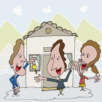 Estate agent giving a house key to a couple