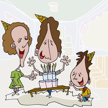 Boy standing with his parents near a birthday cake