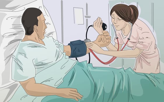 Female nurse taking a male patient's blood pressure