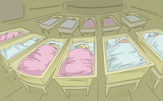 Newborn babies sleeping in cribs in a hospital nursery