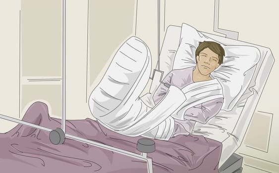Male patient with a fractured leg on a hospital bed