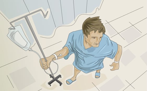 Male patient holding an iv drip stand