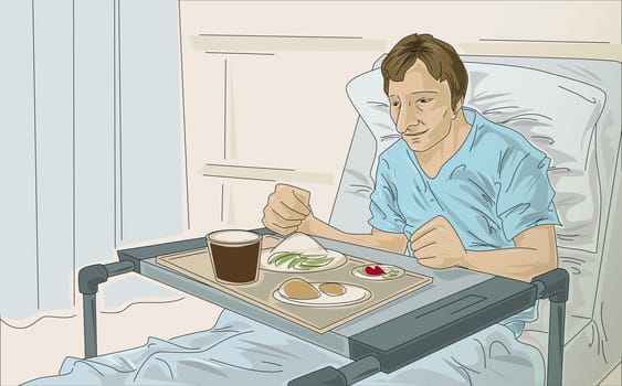 Male patient in a hospital bed with food in front of him
