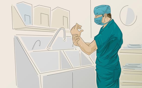 Male surgeon washing hands under a faucet