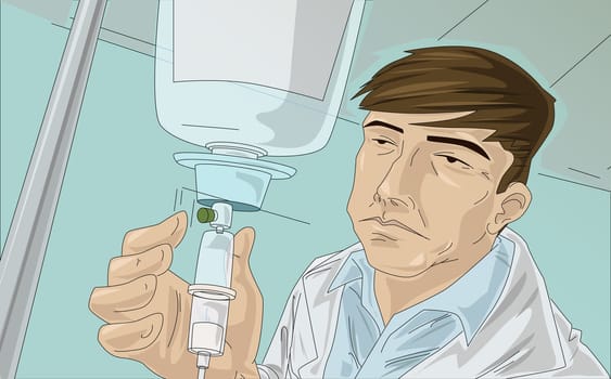 Male doctor holding an iv drip