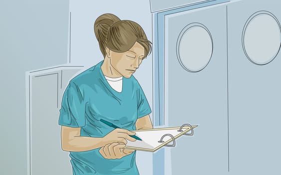 Female nurse writing on a clipboard
