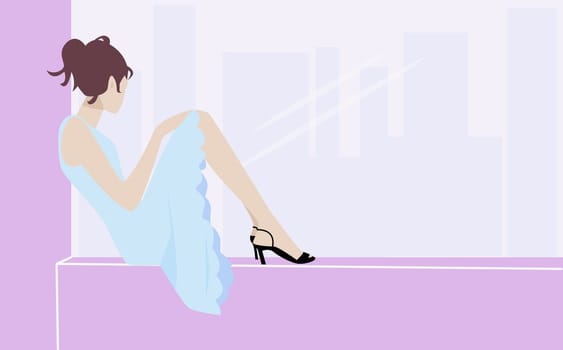 Young woman sitting on a window sill