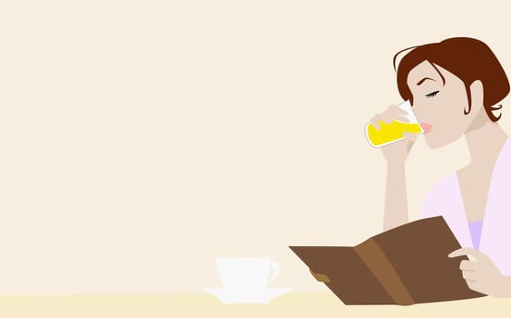 Young woman holding a book and drinking juice