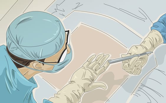 Person's hand passing a scalpel to a male surgeon