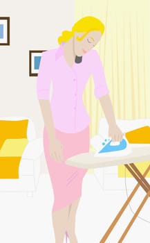 Young woman ironing and using a mobile phone