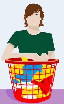 Young man holding a laundry basket