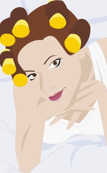 Young woman wearing hair curlers