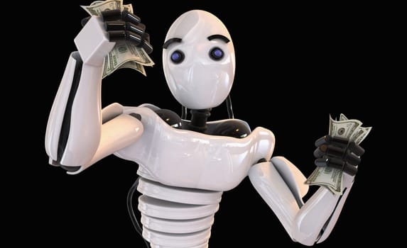 Robot holding one hundred dollar bills