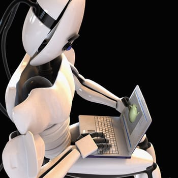 High angle view of a robot using a laptop