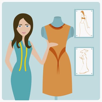 Female fashion designer standing beside a mannequin