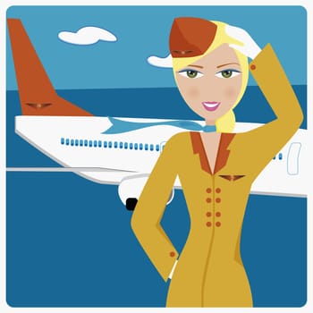 Air hostess standing in front of an airplane