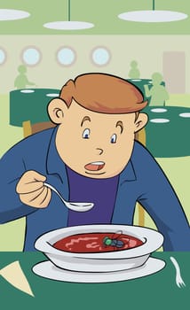Young man eating soup and looking at a bee