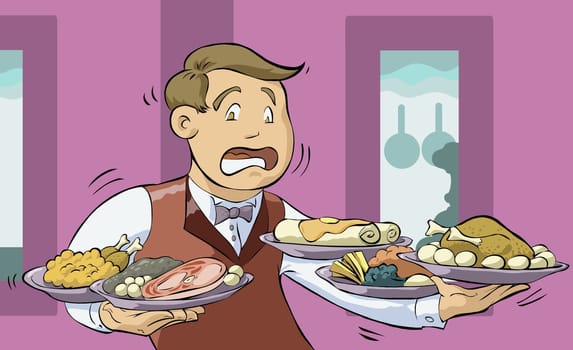 Young man holding plates of meat