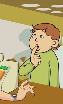 Boy with his finger on lips in front of a cash register
