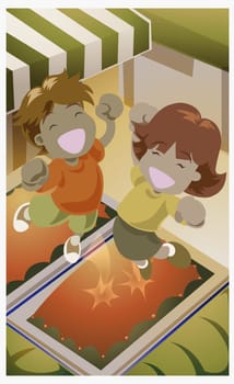 Girl and a boy jumping on a trampoline