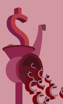 Dollar sign in a meat grinder exiting as cent signs