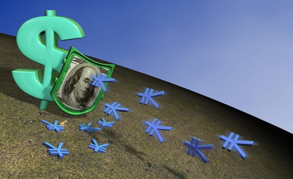 Close-up of yen signs flying towards a dollar sign
