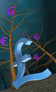 Pound sign and Euro sign hanging on bare trees