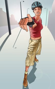 Woman inline skating and pointing forward