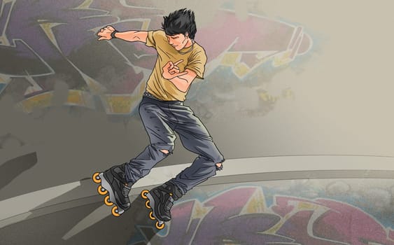 Man with inline skates on a ramp