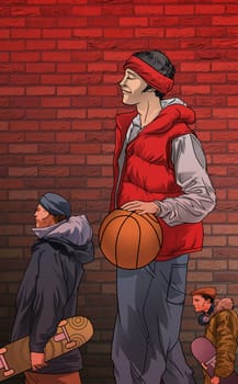 Man playing basketball with two men holding skateboards