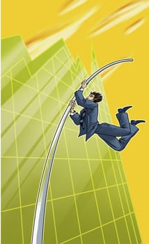 Businessman pole vaulting on a line graph