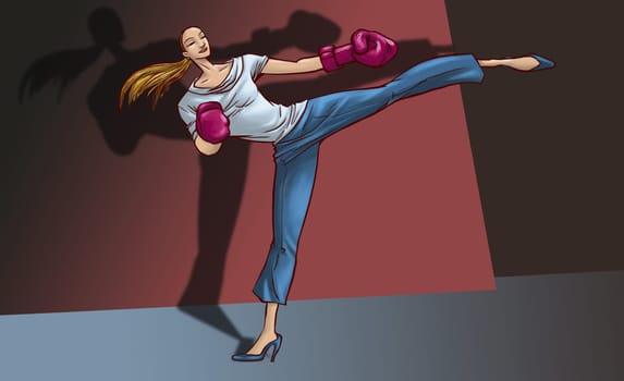 Young woman practicing kickboxing