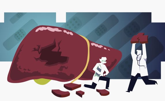 Female doctor kneeling near a broken liver