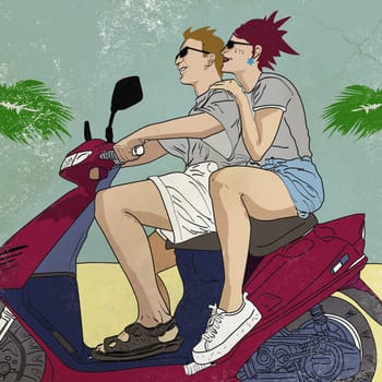 Man and a woman riding on a motor scooter