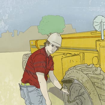 Construction worker examining a tire of a tractor