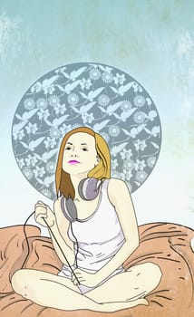 Woman sitting on a beanbag and wearing headphones
