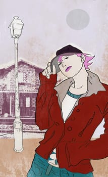 Woman holding the flap of her cap